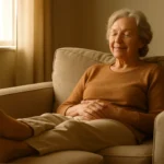 Senior woman resting with legs elevated to reduce edema and leg swelling