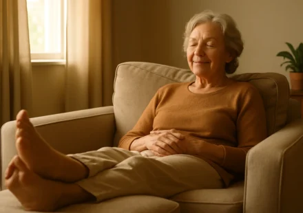 Senior woman resting with legs elevated to reduce edema and leg swelling