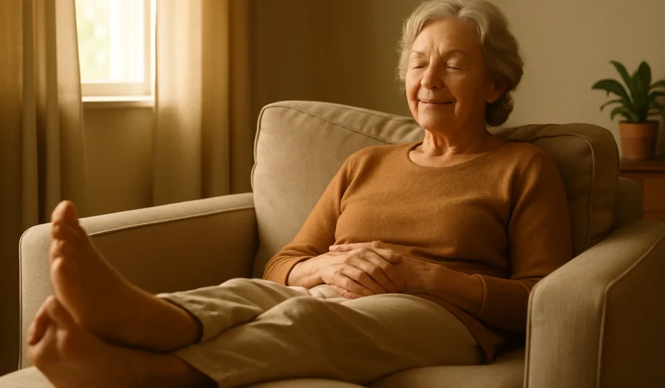 Senior woman resting with legs elevated to reduce edema and leg swelling