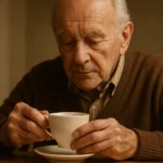 Older man steadying a cup of tea with both hands due to essential tremor