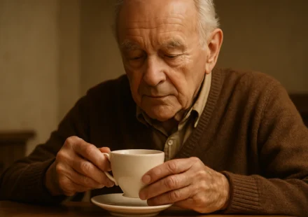 Older man steadying a cup of tea with both hands due to essential tremor