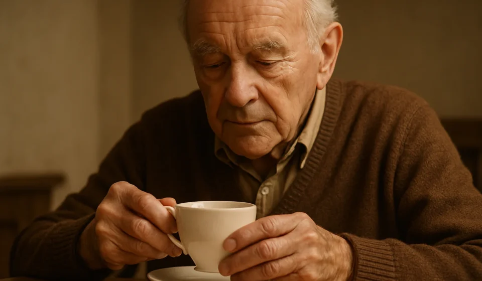 Essential Tremor in Seniors 2026: Causes & Treatment Older man steadying a cup of tea with both hands due to essential tremor