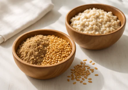 Bowl of ground flaxseed and whole flax seeds on a kitchen table with oatmeal