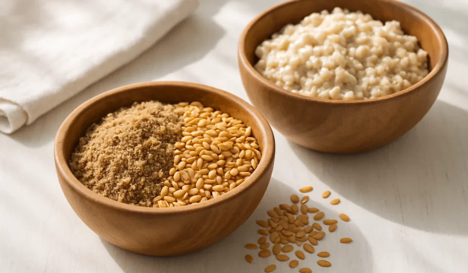 Bowl of ground flaxseed and whole flax seeds on a kitchen table with oatmeal