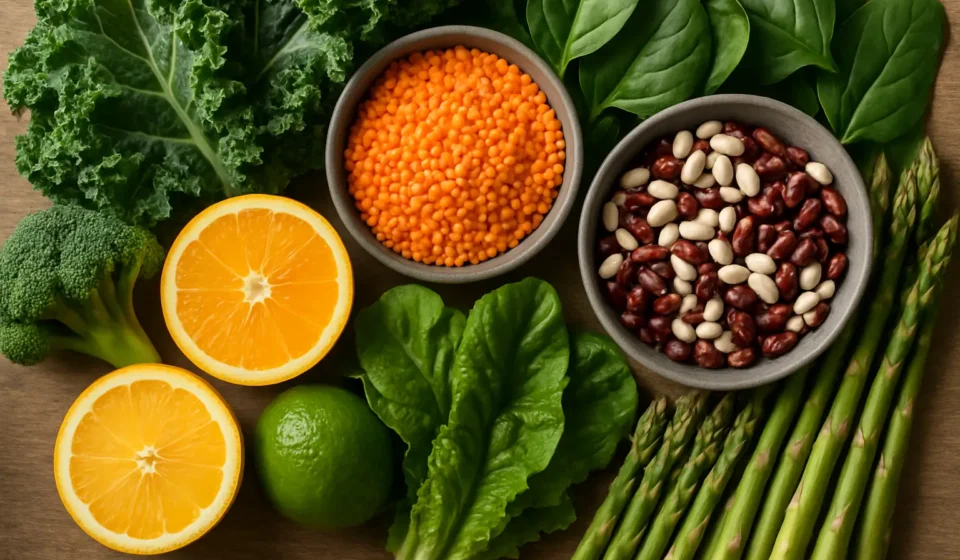 Folate for Seniors 2026: Benefits, Dose & B12 Risk Folate rich foods including leafy greens lentils beans and citrus