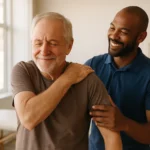 Older man holding his stiff shoulder during a gentle stretch at home