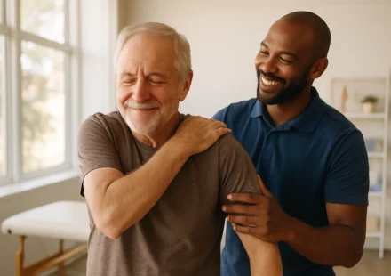 Older man holding his stiff shoulder during a gentle stretch at home