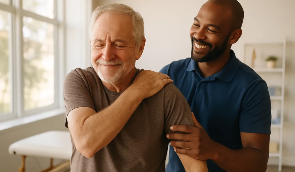 Older man holding his stiff shoulder during a gentle stretch at home
