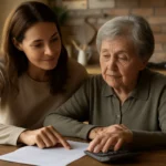 Daughter helping her elderly mother review funeral assistance paperwork