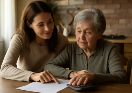 Daughter helping her elderly mother review funeral assistance paperwork