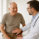 Doctor examining a senior man's upper abdomen to check for gallstone symptoms