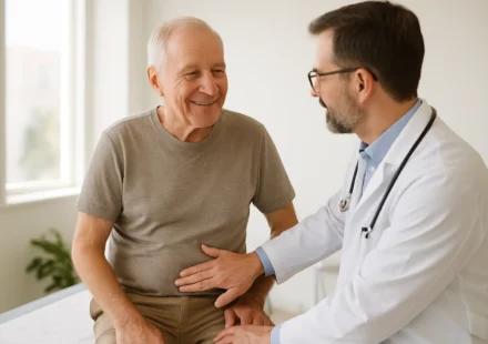 Doctor examining a senior man's upper abdomen to check for gallstone symptoms