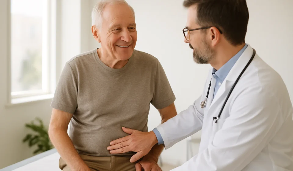 Doctor examining a senior man's upper abdomen to check for gallstone symptoms