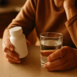 Senior holding a joint supplement bottle and a glass of water