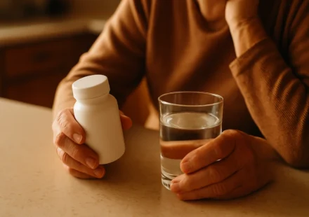 Senior holding a joint supplement bottle and a glass of water