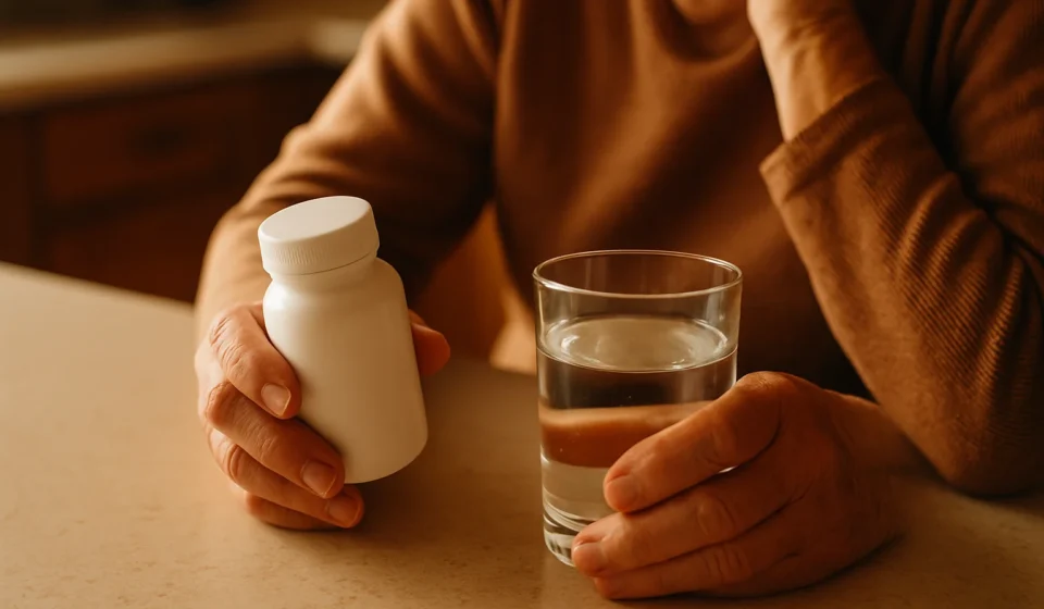 Glucosamine for Seniors 2026: Joint Help or Brain Risk? Senior holding a joint supplement bottle and a glass of water