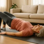 Senior woman performing a glute bridge exercise on a mat to strengthen her hips