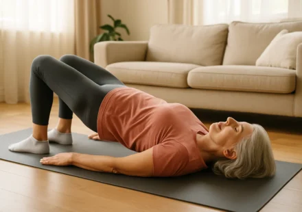 Senior woman performing a glute bridge exercise on a mat to strengthen her hips