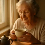 Senior woman enjoying a cup of green tea by a window
