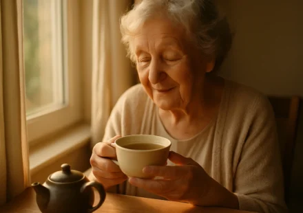 Senior woman enjoying a cup of green tea by a window