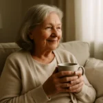 Relaxed senior woman at home, comfortable after managing hemorrhoid symptoms
