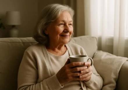 Relaxed senior woman at home, comfortable after managing hemorrhoid symptoms