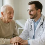 Senior consulting a doctor about hernia symptoms and treatment