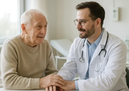 Senior consulting a doctor about hernia symptoms and treatment