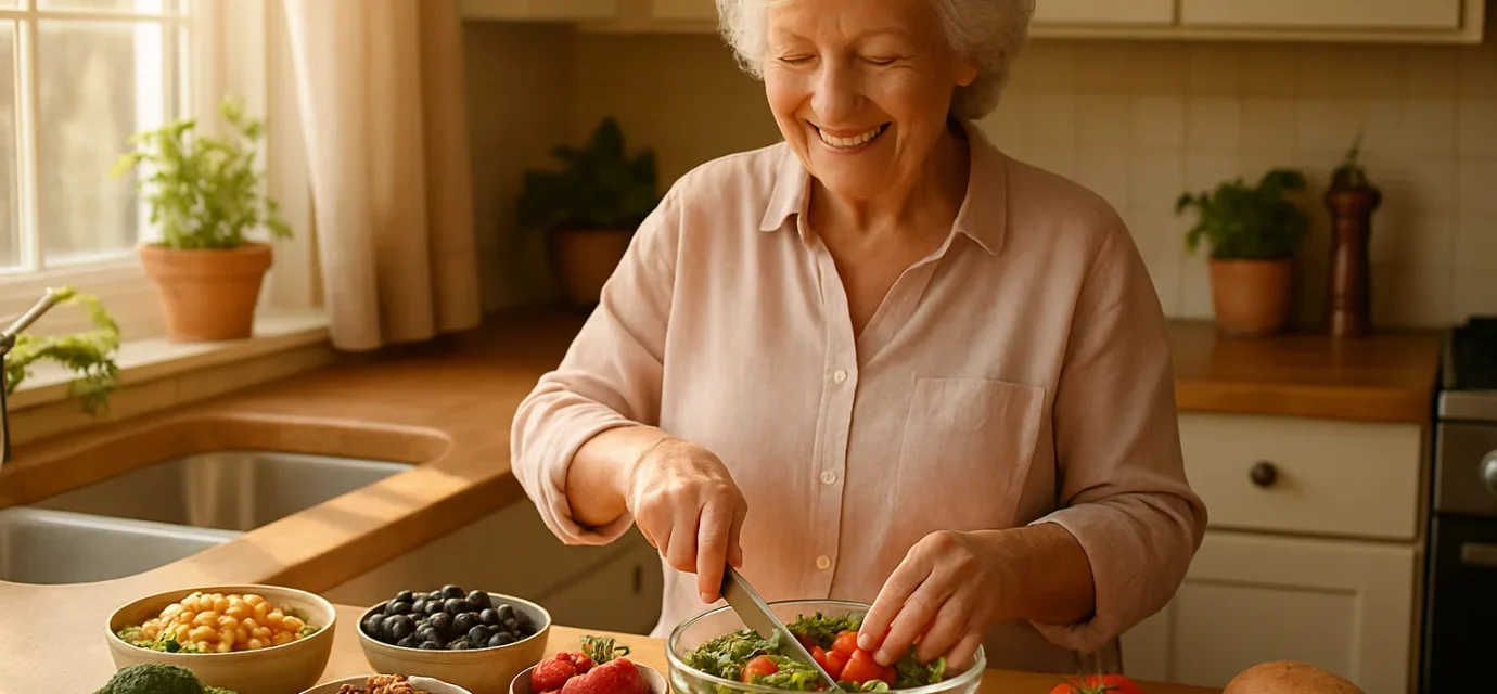 High-fiber foods for seniors including beans, oats, berries and vegetables in a kitchen