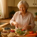 High-fiber foods for seniors including beans, oats, berries and vegetables in a kitchen