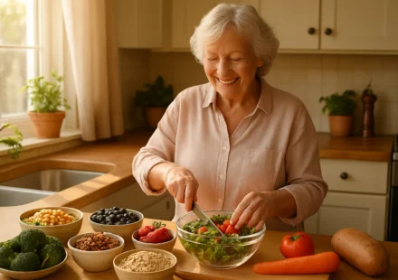 High-fiber foods for seniors including beans, oats, berries and vegetables in a kitchen