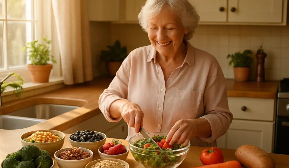 High-fiber foods for seniors including beans, oats, berries and vegetables in a kitchen