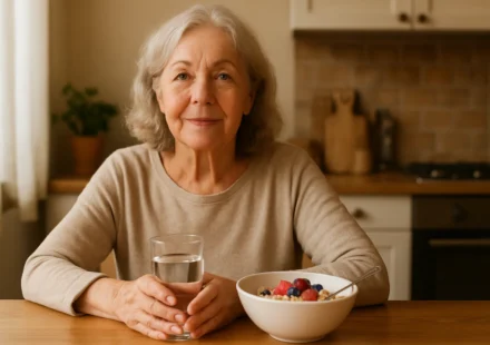 Senior woman eating a high-fiber breakfast, illustrating IBS diet management for seniors in 2026