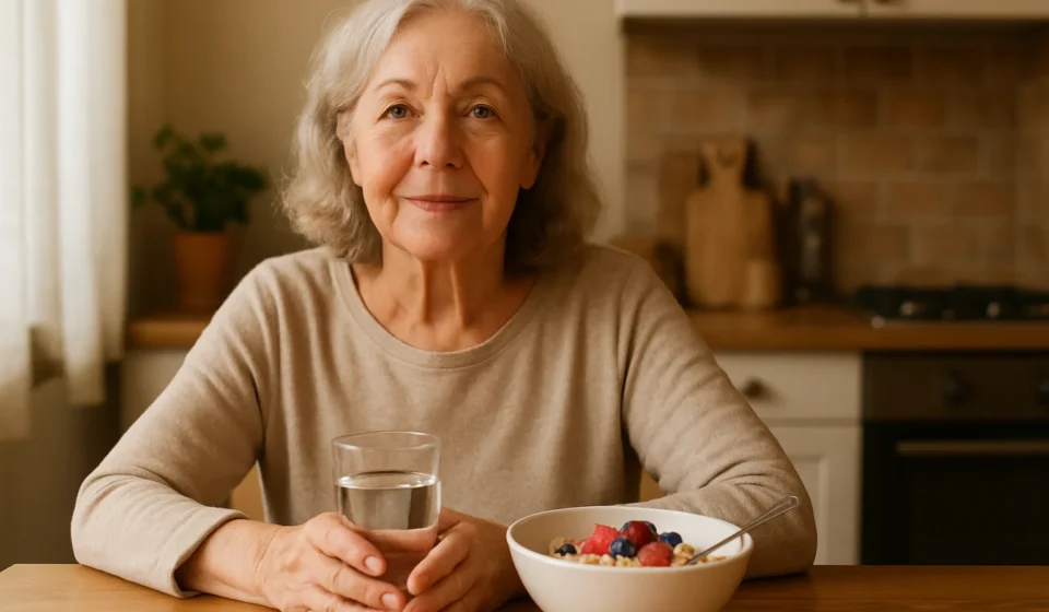 Senior woman eating a high-fiber breakfast, illustrating IBS diet management for seniors in 2026