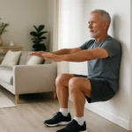 Senior performing an isometric wall sit exercise to lower blood pressure