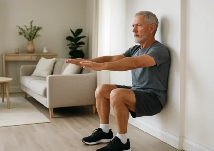 Senior performing an isometric wall sit exercise to lower blood pressure