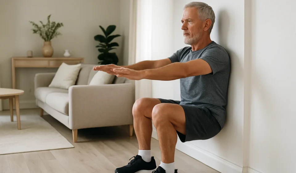 Senior performing an isometric wall sit exercise to lower blood pressure