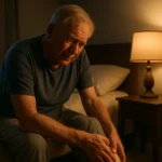 Senior man stretching his calf at night to relieve leg cramps