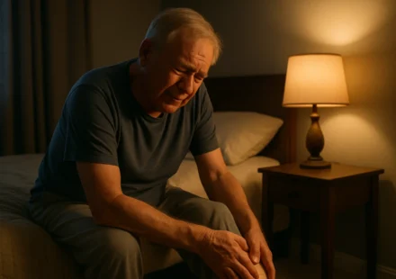 Senior man stretching his calf at night to relieve leg cramps