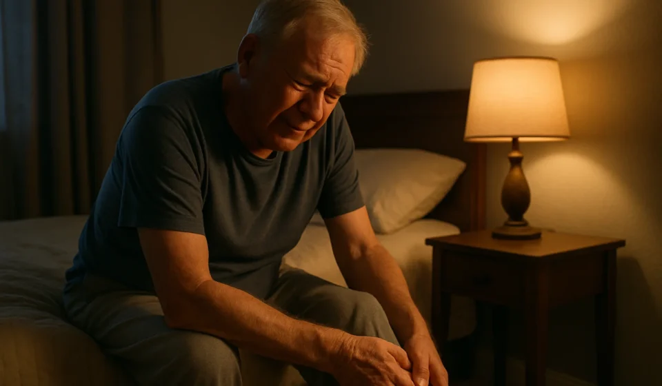 Leg Cramps in Seniors 2026: Causes, Relief & Red Flags Senior man stretching his calf at night to relieve leg cramps