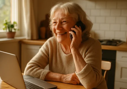 Senior woman using a smartphone at home, representing the Lifeline phone and internet benefit