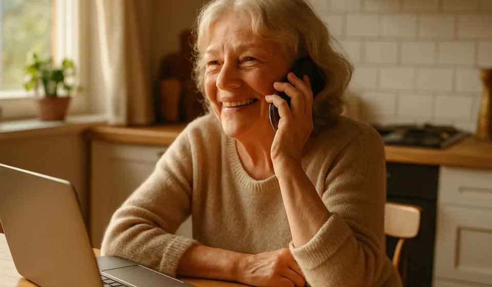 Senior woman using a smartphone at home, representing the Lifeline phone and internet benefit