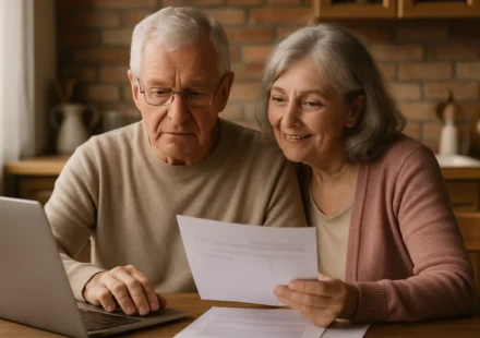 Senior couple reviewing Medicaid eligibility documents together at home