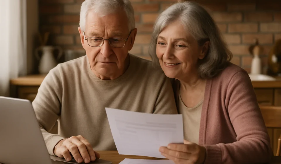 Senior couple reviewing Medicaid eligibility documents together at home