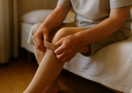 Senior putting on compression stockings to improve leg circulation