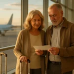 Senior couple at airport reviewing travel plans, illustrating Medicare coverage abroad in 2026
