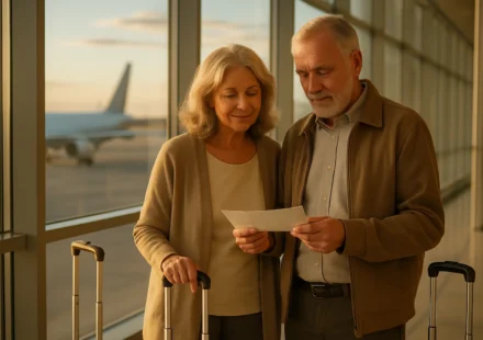 Senior couple at airport reviewing travel plans, illustrating Medicare coverage abroad in 2026
