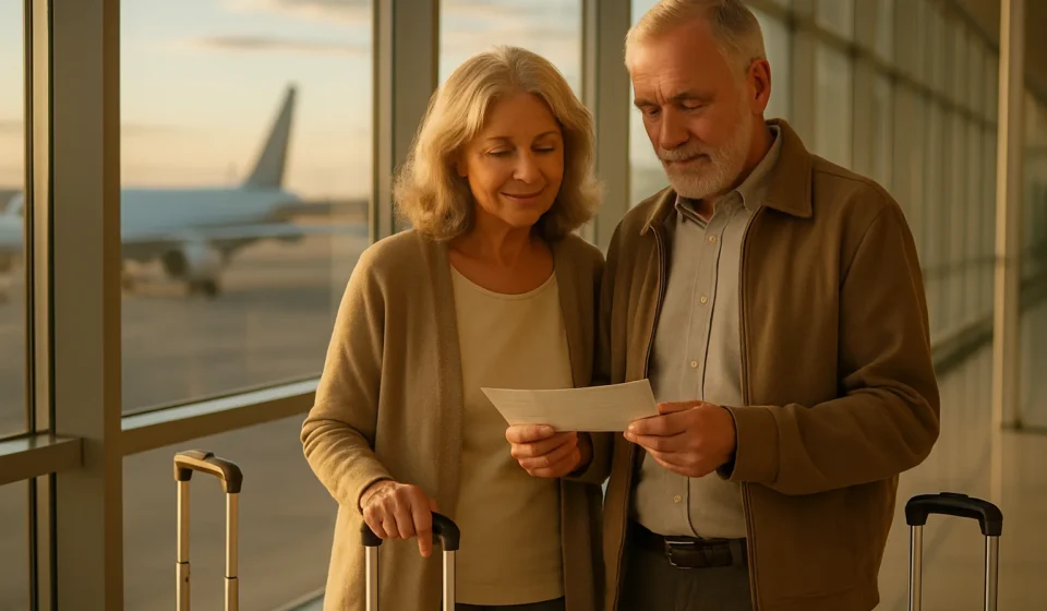 Senior couple at airport reviewing travel plans, illustrating Medicare coverage abroad in 2026