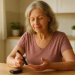 Senior woman checking blood sugar with a glucose meter, Medicare diabetic supplies 2026