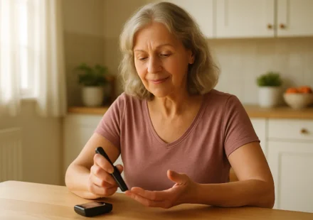 Senior woman checking blood sugar with a glucose meter, Medicare diabetic supplies 2026
